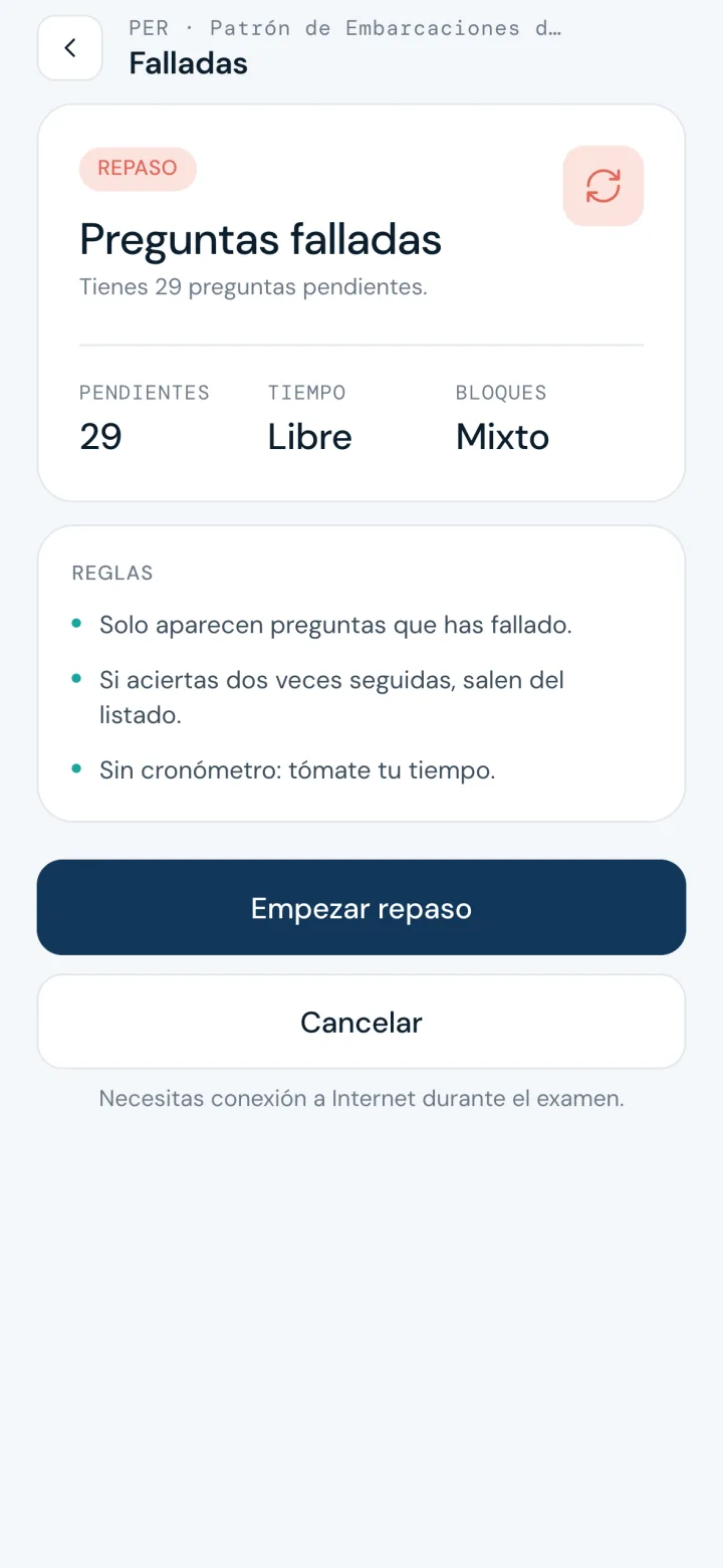Pantalla de preguntas falladas: pendientes, sin cronómetro, salen de la lista con dos aciertos seguidos