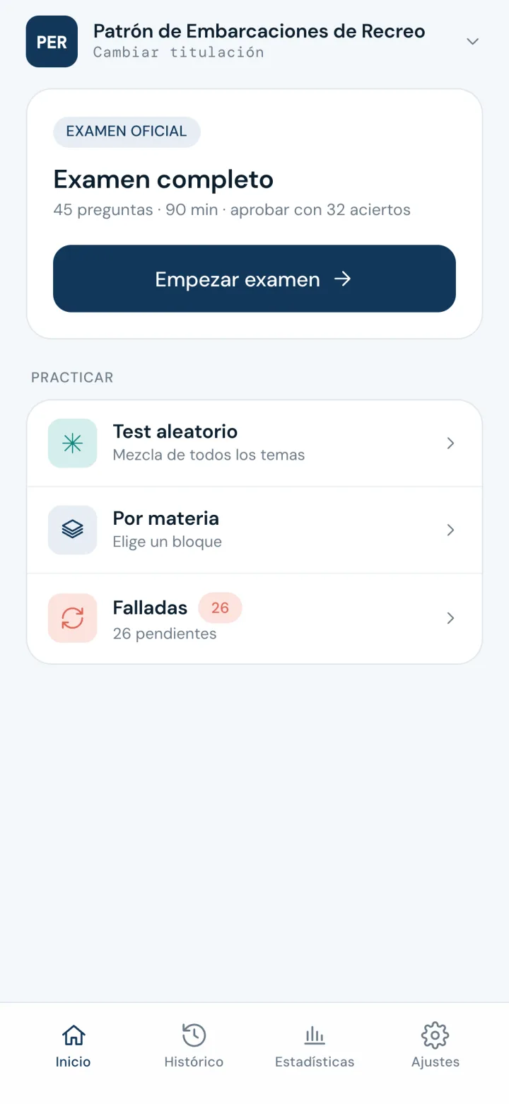 Pantalla de inicio de Soy Patrón: examen completo de PER (45 preguntas, 90 minutos, 32 aciertos para aprobar), test aleatorio, por materia y falladas