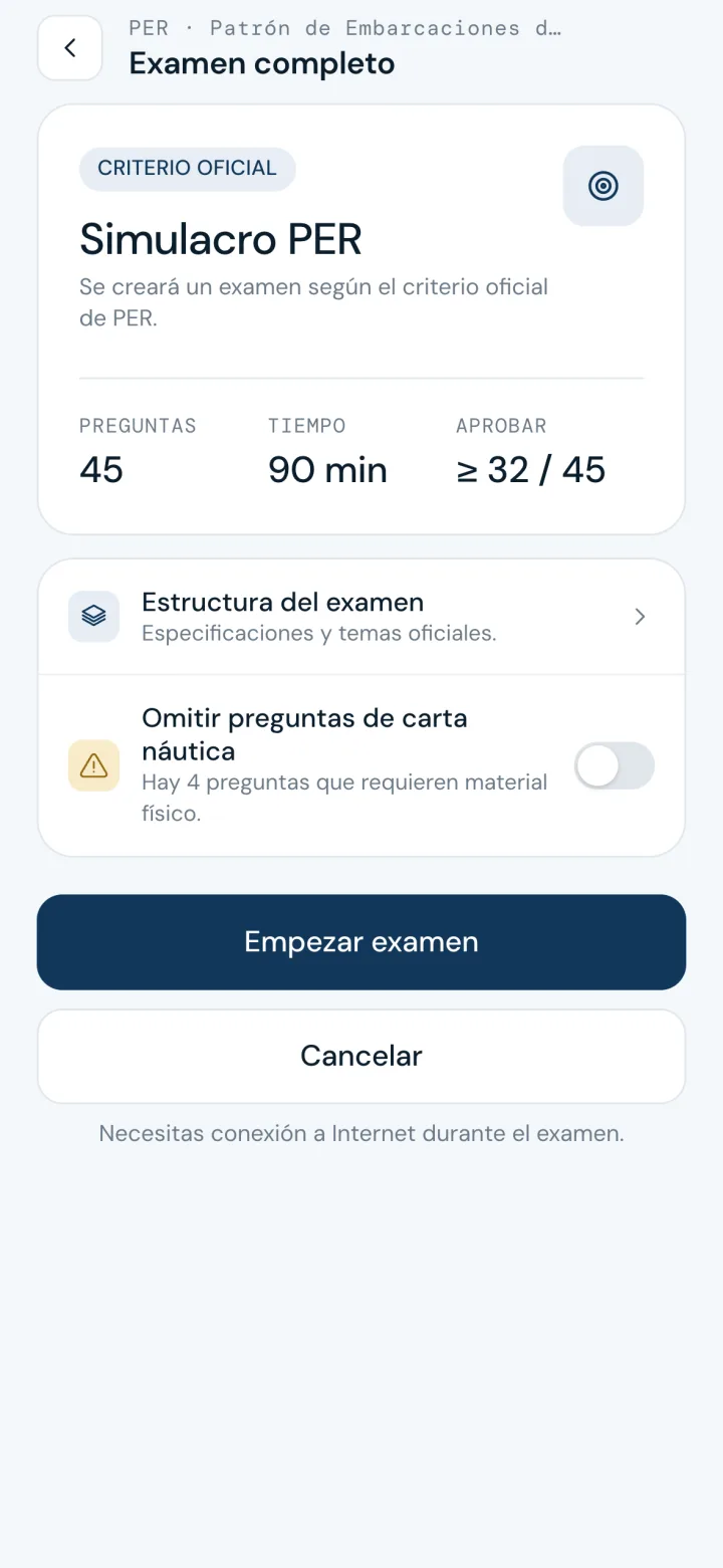 Pantalla previa del simulacro de PER: 45 preguntas, 90 minutos, 32 aciertos para aprobar y opción de omitir carta
